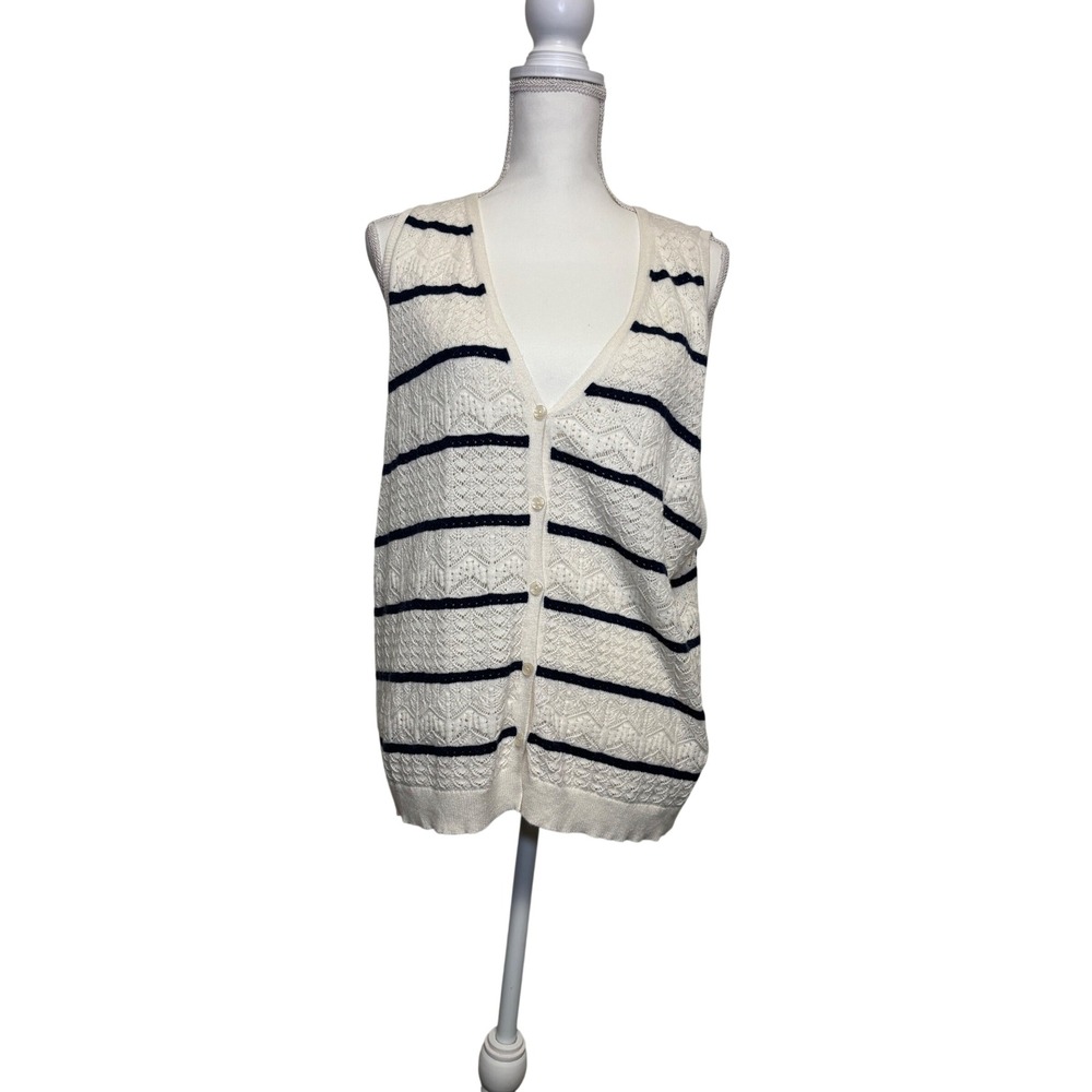 Lucky Brand Women's Navy and‎ Cream Thin Knitted Striped Vest Size XXL